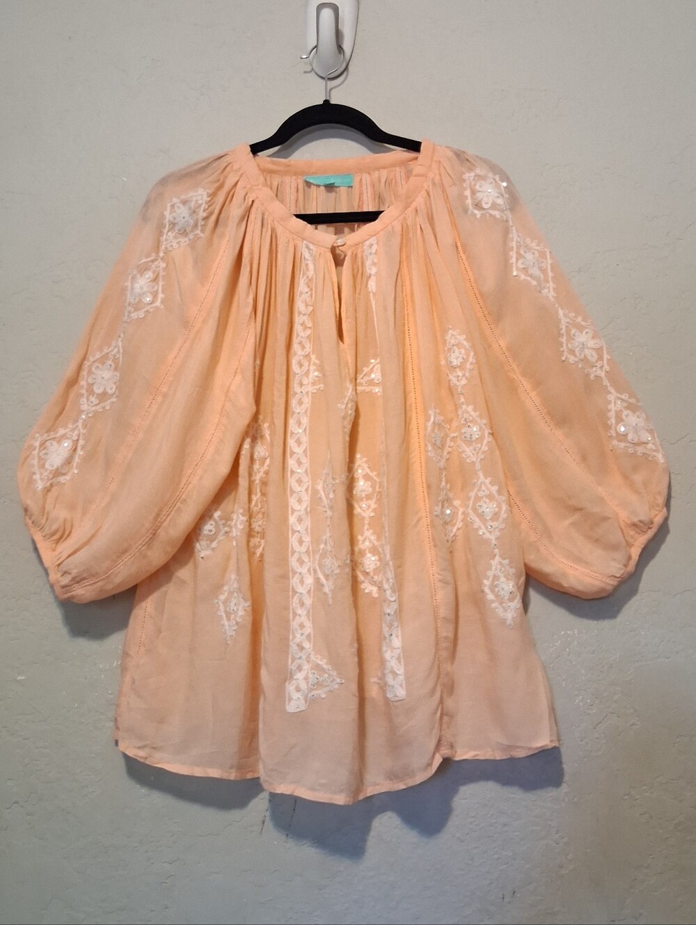 Melissa‎ Odabash Peach Embroidered Peasant Top Balloon Sleeve Soft Onesize